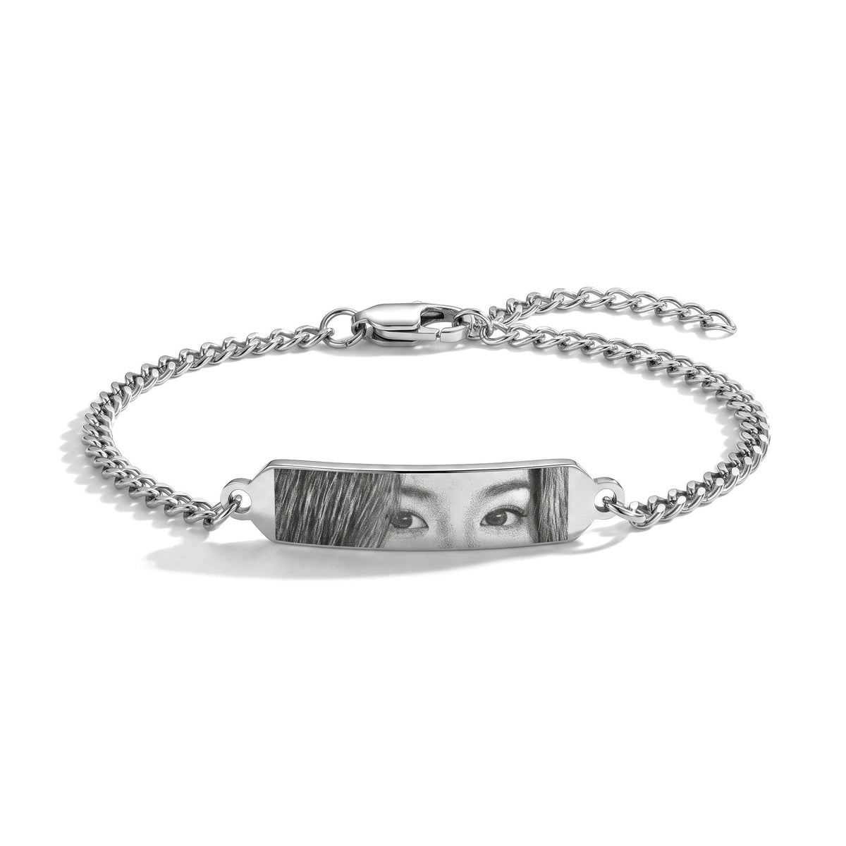 Ögonarmband med fotogravyr i silver – armband med platta i rostfritt stål och graverade ögon