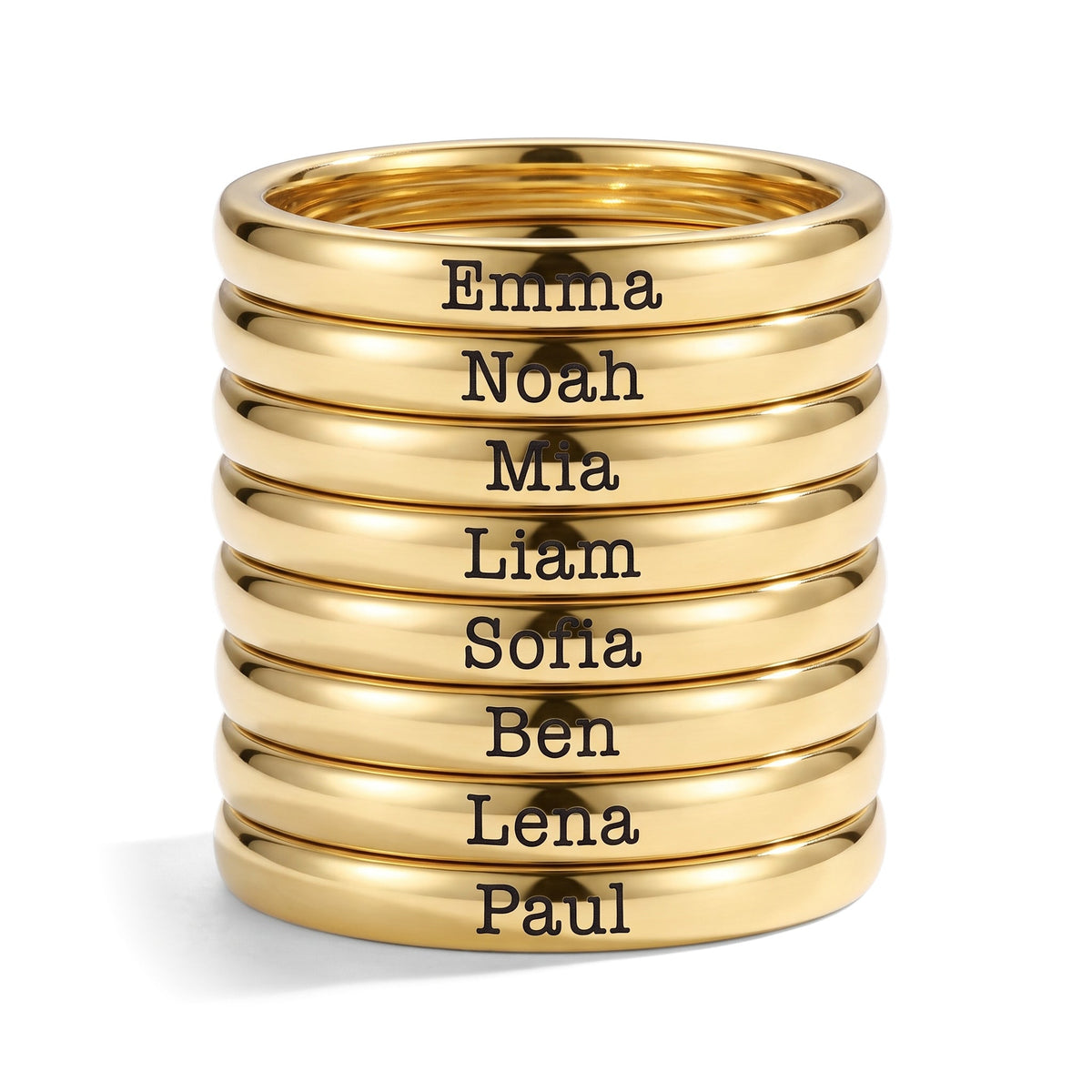 Tunn stapelbar namnring – guld – 8 ringar staplade